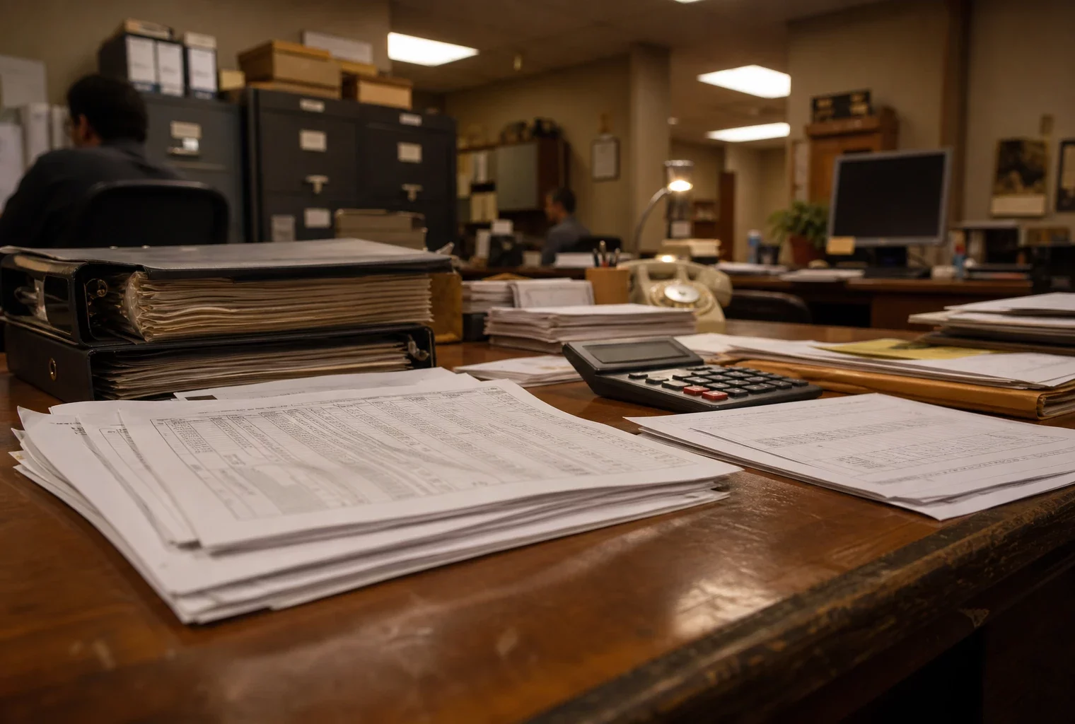 Bureau de paie en PME avec bulletins, calculatrice et classeurs, sous lumière chaude de soirée, sans écran lisible.