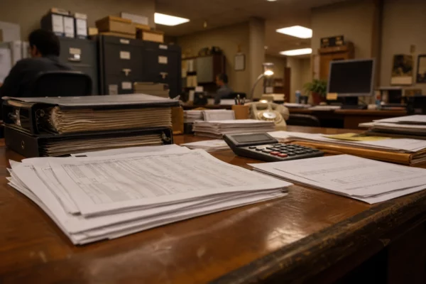 Bureau de paie en PME avec bulletins, calculatrice et classeurs, sous lumière chaude de soirée, sans écran lisible.