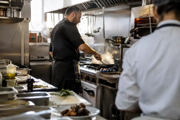 Une personne prépare un plat dans une cuisine de restaurant équipée de plans de travail en inox et de matériel professionnel.