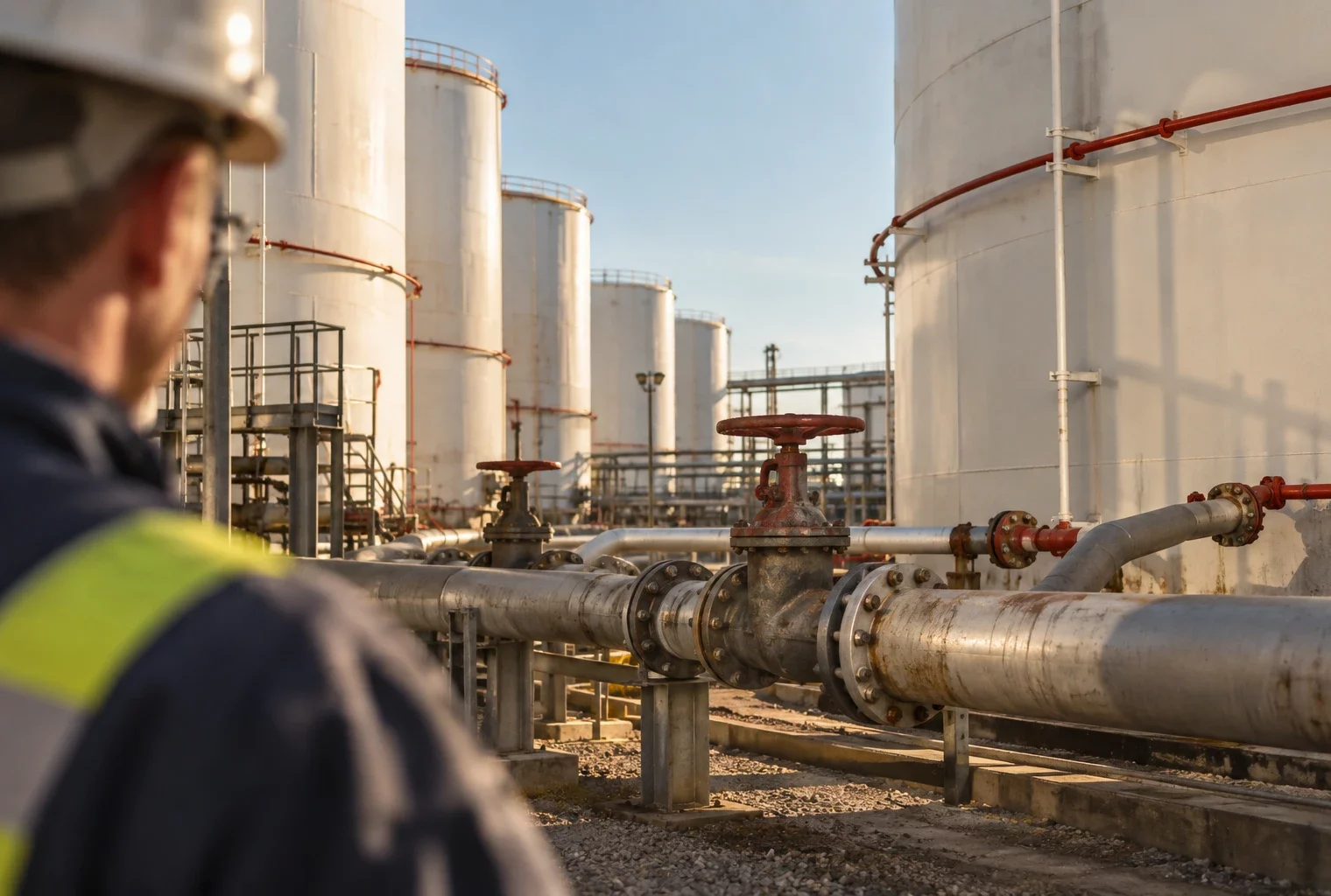 Conduites métalliques et vannes au premier plan d’un dépôt pétrolier, devant une rangée de grandes cuves de stockage.