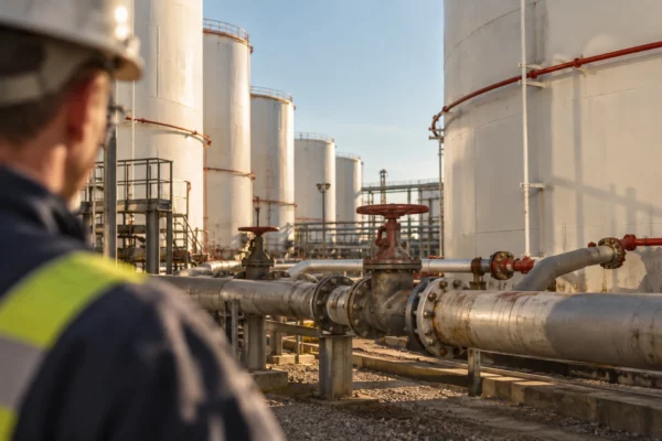 Conduites métalliques et vannes au premier plan d’un dépôt pétrolier, devant une rangée de grandes cuves de stockage.