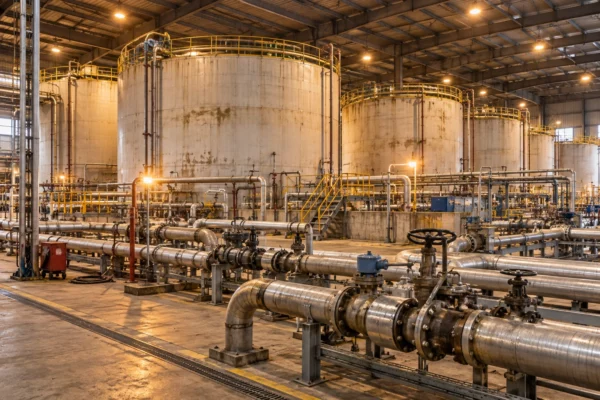 Cuves de stockage de gazole et réseau de conduites métalliques dans un dépôt pétrolier intérieur, éclairés par des luminaires chauds.