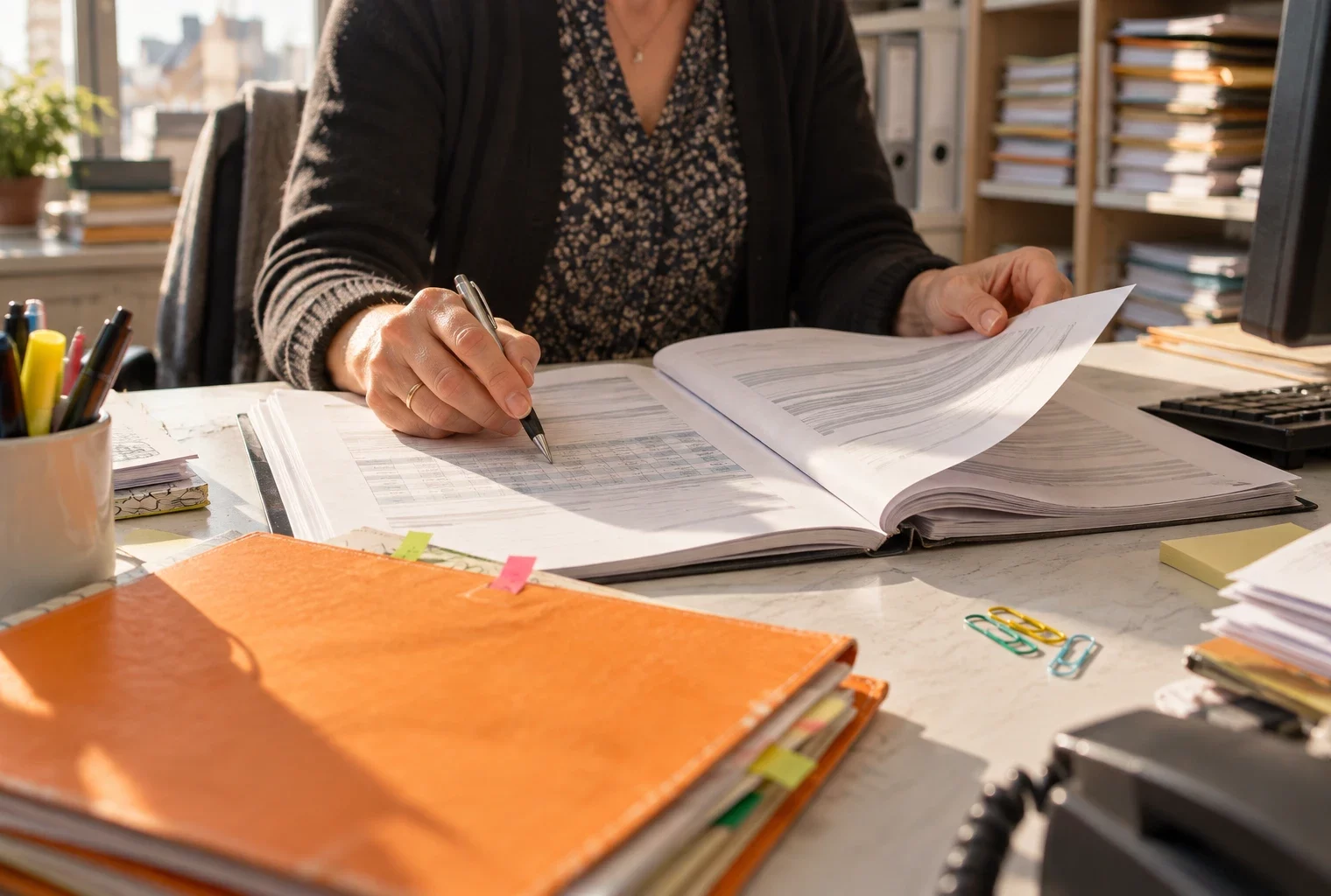 Dans un bureau administratif, des mains consultent un dossier papier ouvert avec un tableau de calcul abstrait, devant des rayonnages de dossiers.