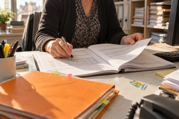 Dans un bureau administratif, des mains consultent un dossier papier ouvert avec un tableau de calcul abstrait, devant des rayonnages de dossiers.