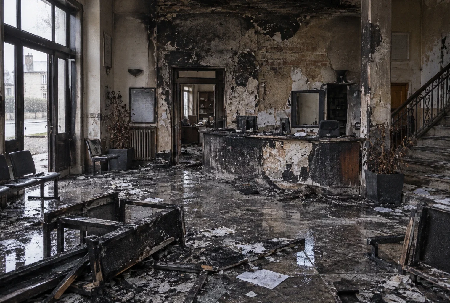Intérieur d’un hôtel de ville après un incendie : comptoir d’accueil et mobilier calcinés parmi les gravats et les murs noircis.