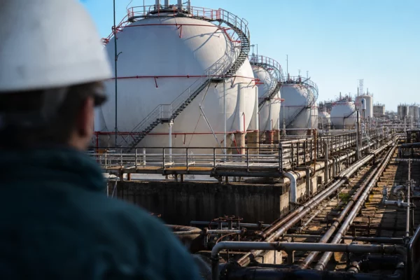 Dépôt pétrolier français avec réservoirs, passerelles et tuyauteries, vu en contre-plongée depuis un épaule floue au premier plan.