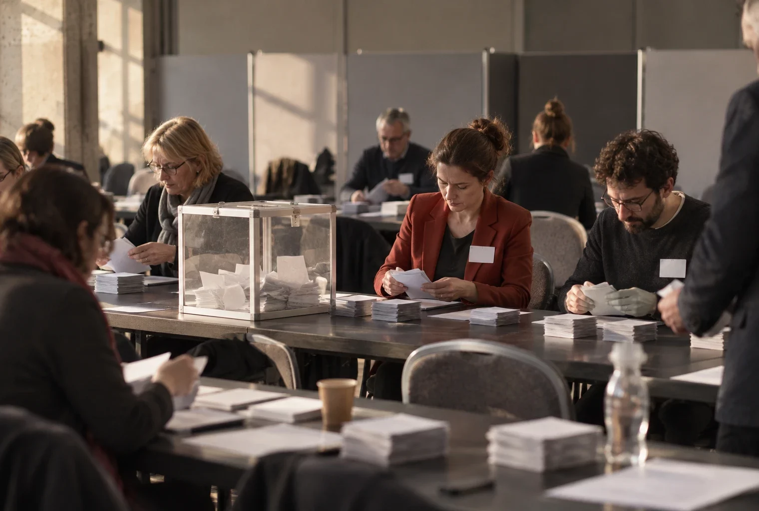 Des membres d’un congrès comptent des bulletins vierges sur une table, près d’une urne, dans une salle aux chaises alignées.