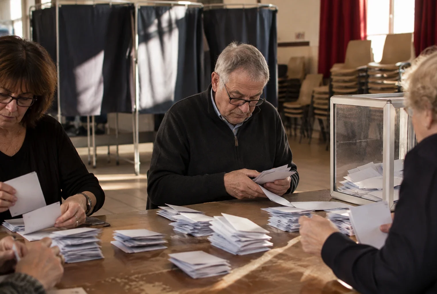 Des bulletins de vote sont triés à la main sur une table, avec des isoloirs et des chaises empilées en arrière-plan.