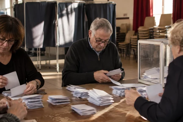 Des bulletins de vote sont triés à la main sur une table, avec des isoloirs et des chaises empilées en arrière-plan.