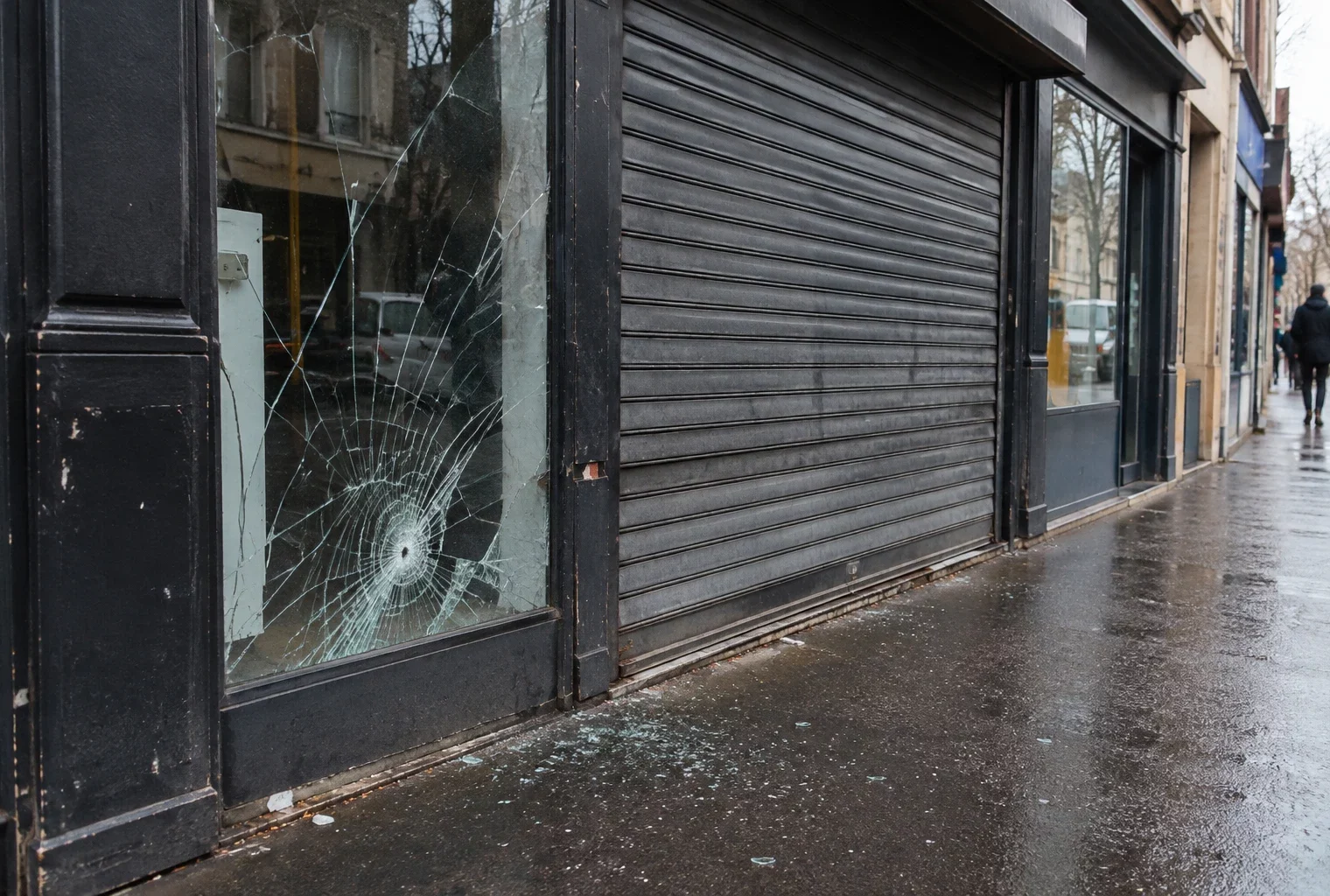 Devanture de commerce fermée par un volet métallique, avec une vitrine fissurée et des éclats de verre sur le trottoir.