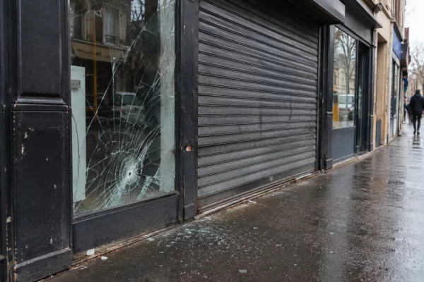 Devanture de commerce fermée par un volet métallique, avec une vitrine fissurée et des éclats de verre sur le trottoir.