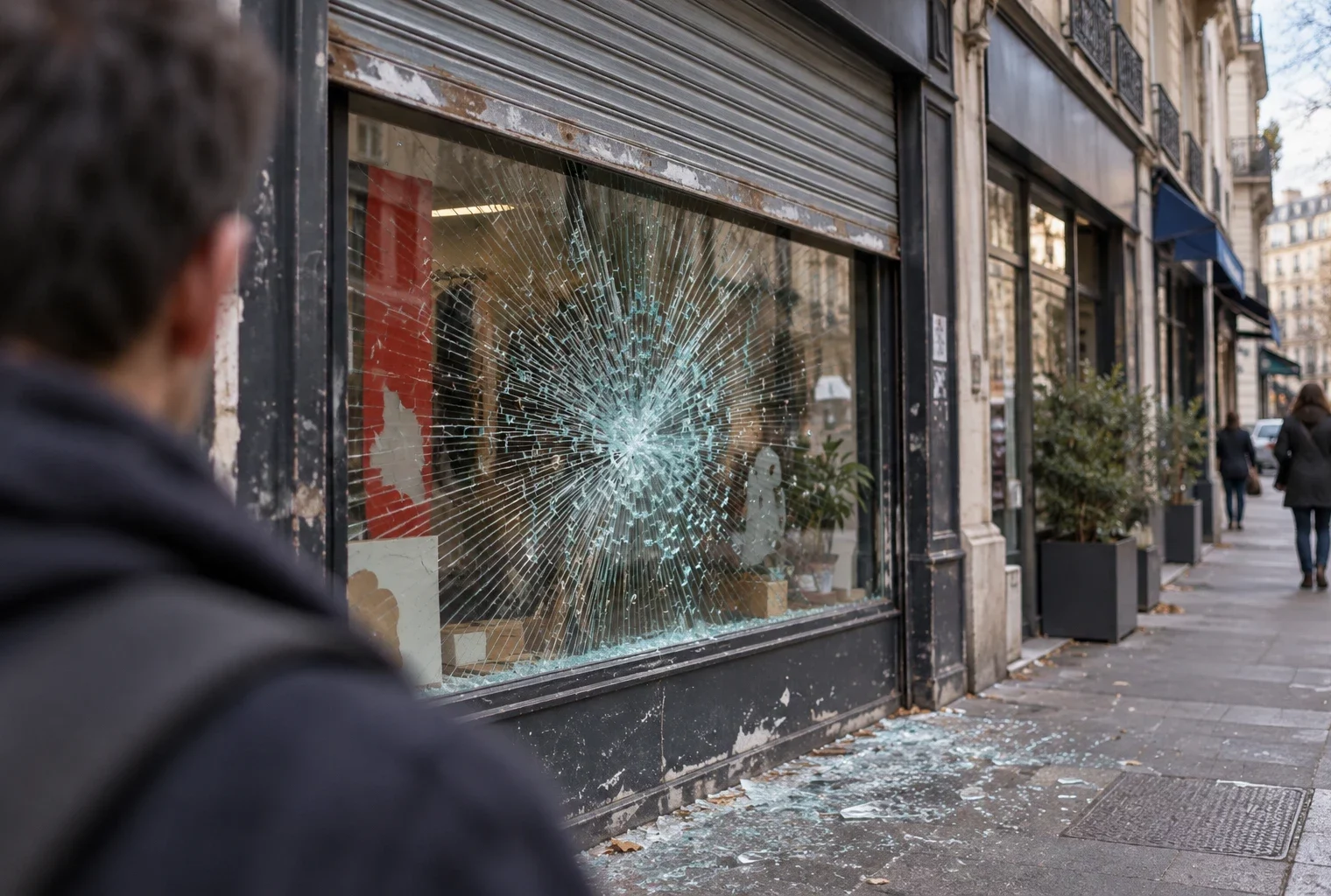 Vitrine fissurée et éclats de verre devant une boutique aux volets métalliques, dans une rue commerçante française.