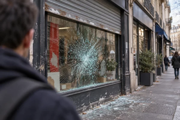 Vitrine fissurée et éclats de verre devant une boutique aux volets métalliques, dans une rue commerçante française.