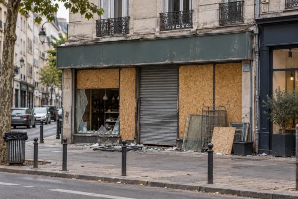 Devanture de commerce endommagée, protégée par des panneaux de contreplaqué, avec des débris de verre sur le trottoir.