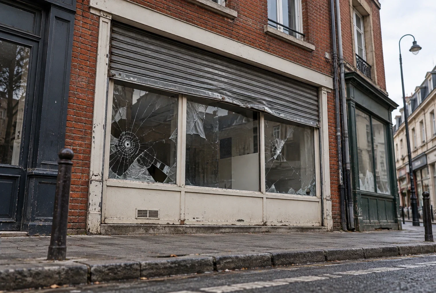 Devanture de commerce aux vitres fêlées et au volet métallique abîmé, sur une rue bordée de façades ordinaires et d’un trottoir.