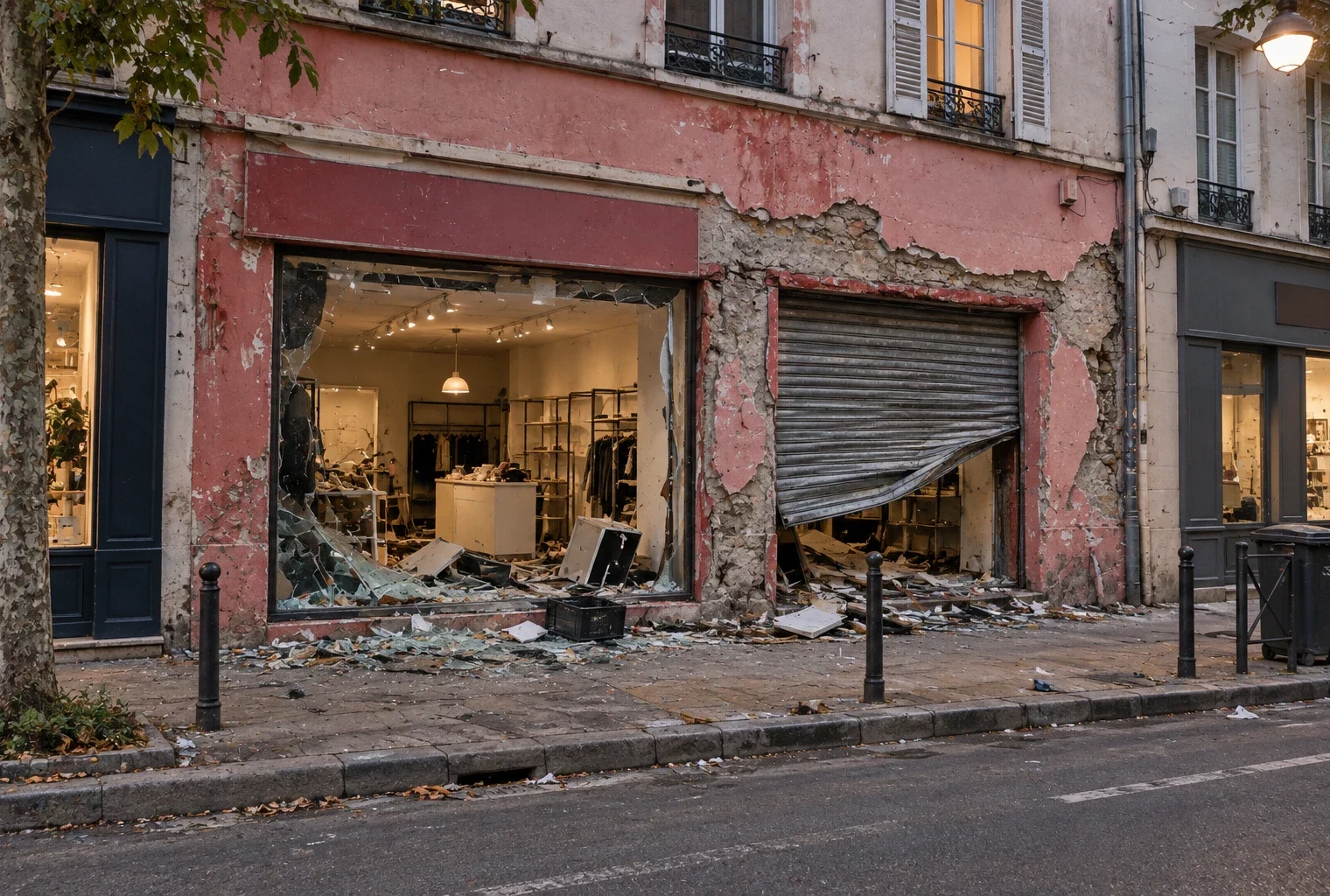 Devanture de commerce aux vitrines brisées et au rideau métallique abîmé, avec des éclats de verre sur le trottoir.