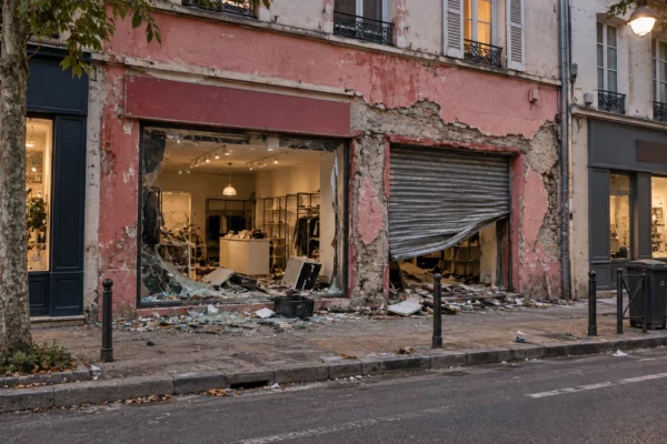 Devanture de commerce aux vitrines brisées et au rideau métallique abîmé, avec des éclats de verre sur le trottoir.