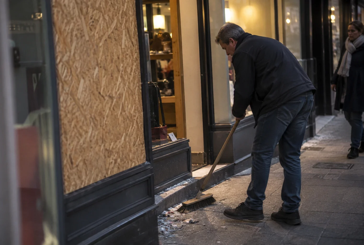 Devanture d’un commerce avec une vitre remplacée par un panneau et quelques débris balayés près de l’entrée.