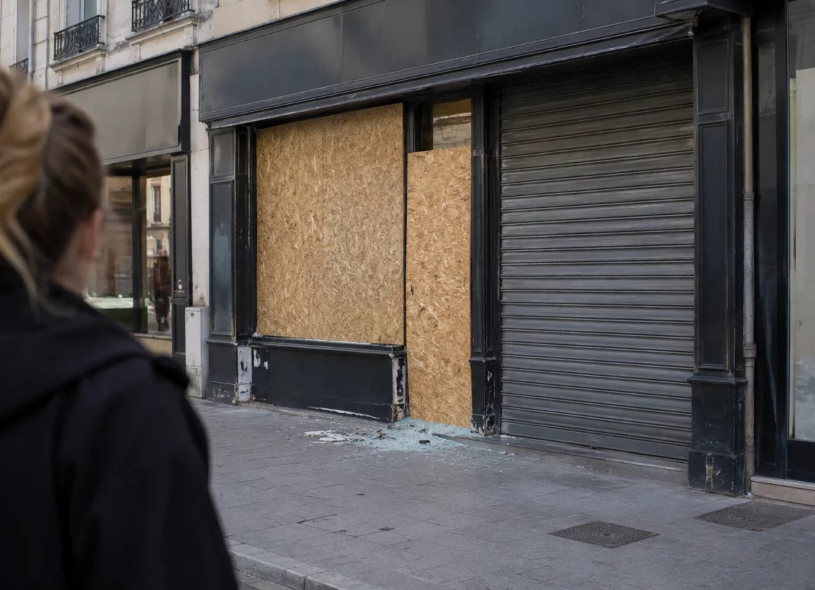 Devanture d’un commerce fermé, vitrine protégée par des panneaux provisoires et volet métallique baissé sur une rue commerçante.