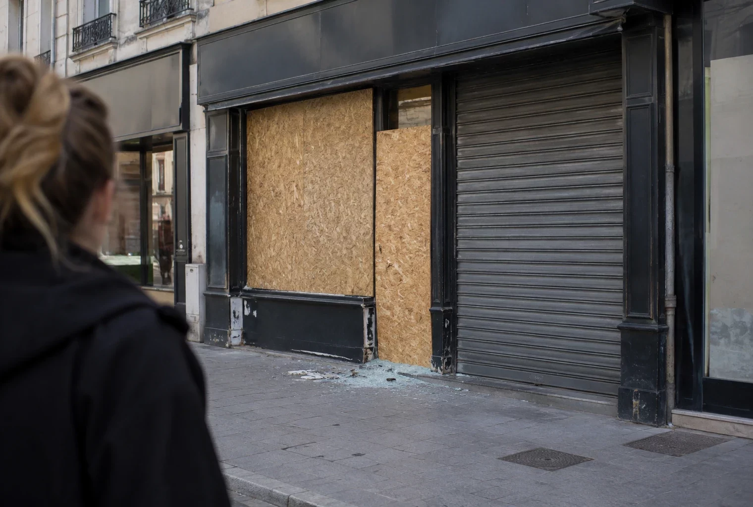 Devanture d’un commerce fermé, vitrine protégée par des panneaux provisoires et volet métallique baissé sur une rue commerçante.