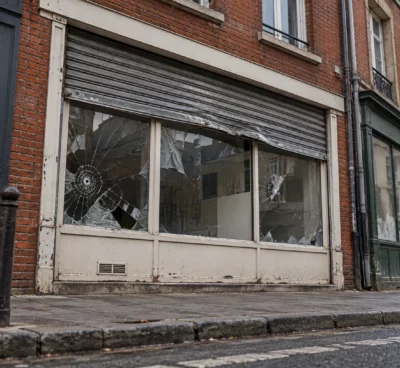 Devanture de commerce aux vitres fêlées et au volet métallique abîmé, sur une rue bordée de façades ordinaires et d’un trottoir.
