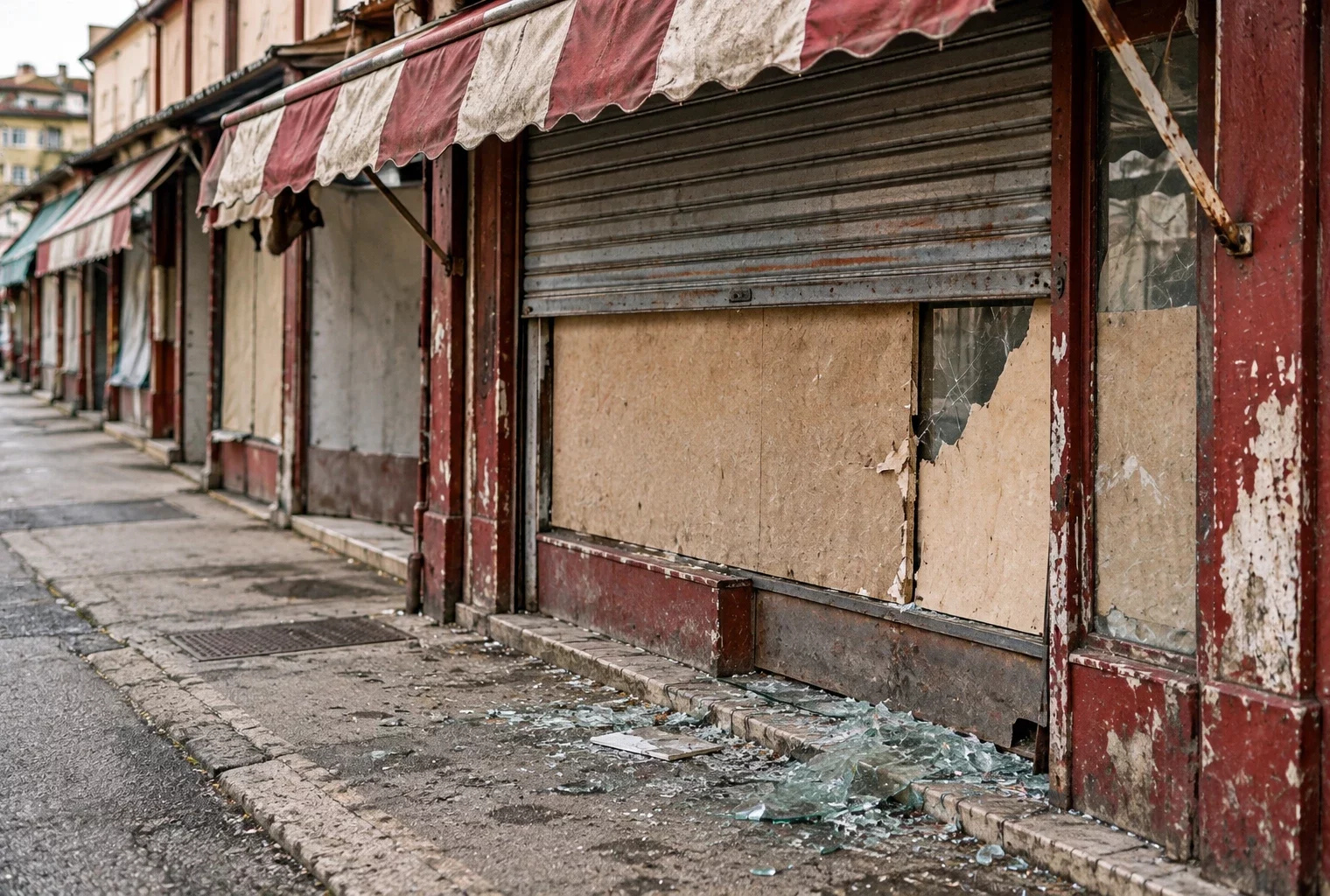 Devanture abîmée d’un petit commerce, vitrine protégée par des panneaux et rideau métallique baissé sur une rue française.