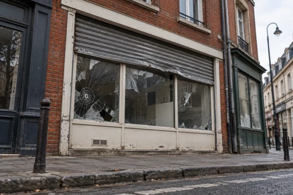 Devanture de commerce aux vitres fêlées et au volet métallique abîmé, sur une rue bordée de façades ordinaires et d’un trottoir.