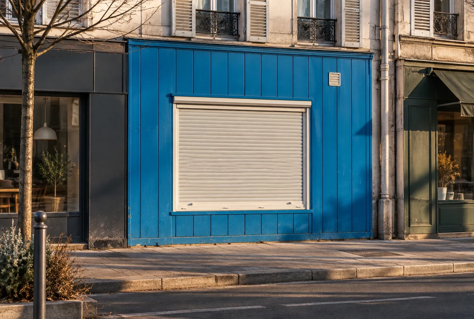 Devanture de commerce à rideau métallique baissé, façade bleue usée et trottoir dans une rue commerçante française.