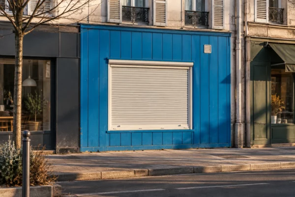 Devanture de commerce à rideau métallique baissé, façade bleue usée et trottoir dans une rue commerçante française.