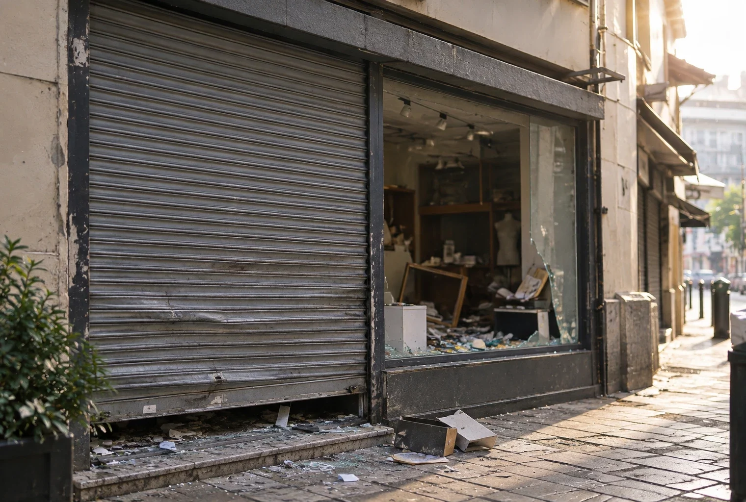 Devanture d’un commerce avec rideau métallique baissé et vitrine, dans une rue commerçante aux façades usées.