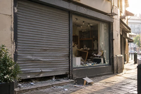Devanture d’un commerce avec rideau métallique baissé et vitrine, dans une rue commerçante aux façades usées.