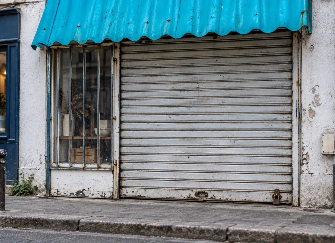 Devanture de commerce fermée, avec rideau métallique, vitrine protégée et façade usée sous un auvent bleu.