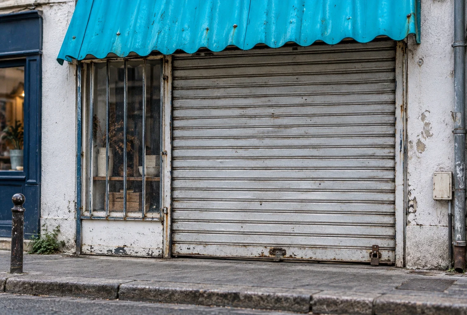 Devanture de commerce fermée, avec rideau métallique, vitrine protégée et façade usée sous un auvent bleu.