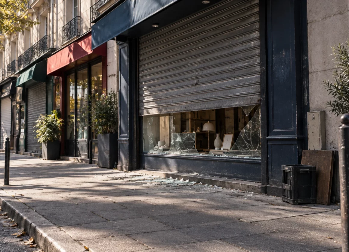 Devanture d’un commerce avec volet métallique partiellement baissé, éclats de verre au sol et façades usées en arrière-plan.