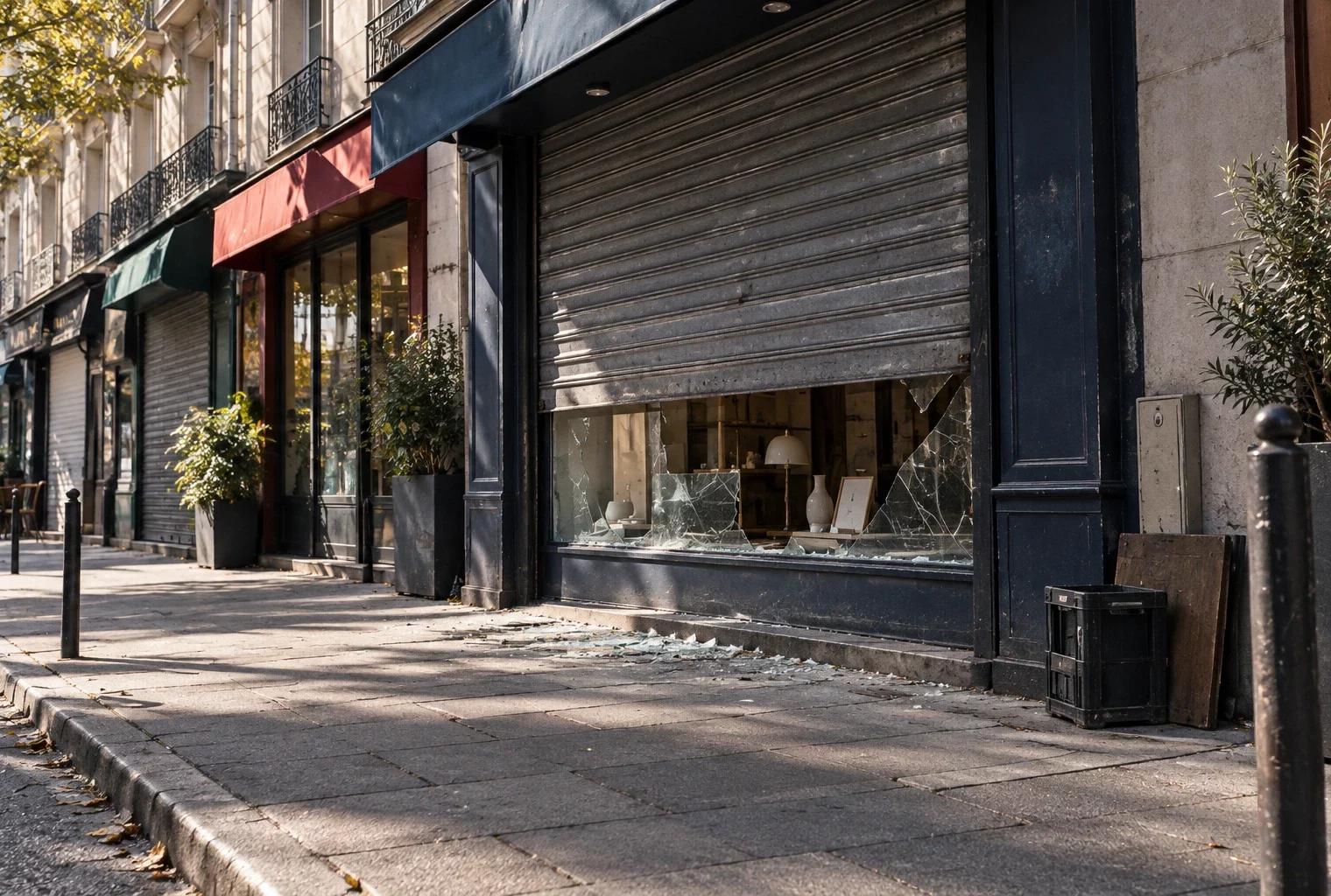 Devanture d’un commerce avec volet métallique partiellement baissé, éclats de verre au sol et façades usées en arrière-plan.