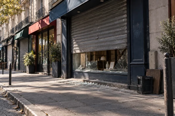 Devanture d’un commerce avec volet métallique partiellement baissé, éclats de verre au sol et façades usées en arrière-plan.