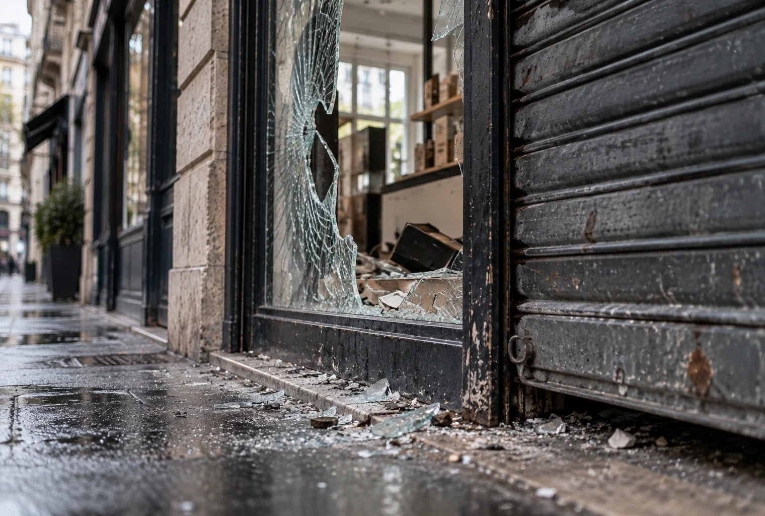 Détail d’une vitrine fissurée et d’un rideau métallique abaissé devant une boutique endommagée, sur une rue commerçante.