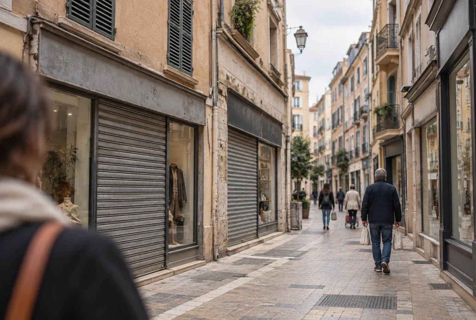 Des vitrines et rideaux métalliques fermés bordent une rue commerçante française, entre des façades d’immeubles ordinaires.