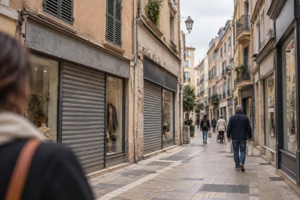 Des vitrines et rideaux métalliques fermés bordent une rue commerçante française, entre des façades d’immeubles ordinaires.