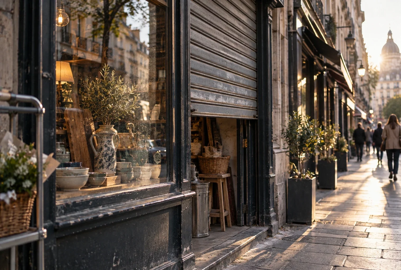 Détail d’une vitrine de commerce de proximité et d’un rideau métallique usé dans une rue commerçante française.