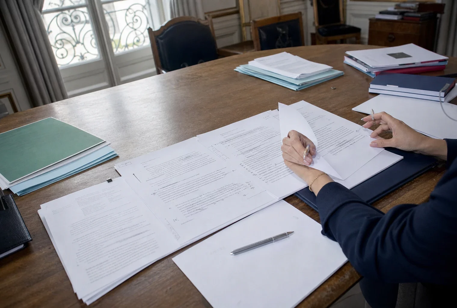 Vue zénithale d’une table de travail à l’Élysée avec dossiers ouverts, feuilles annotées et stylo, en lumière du jour froide.