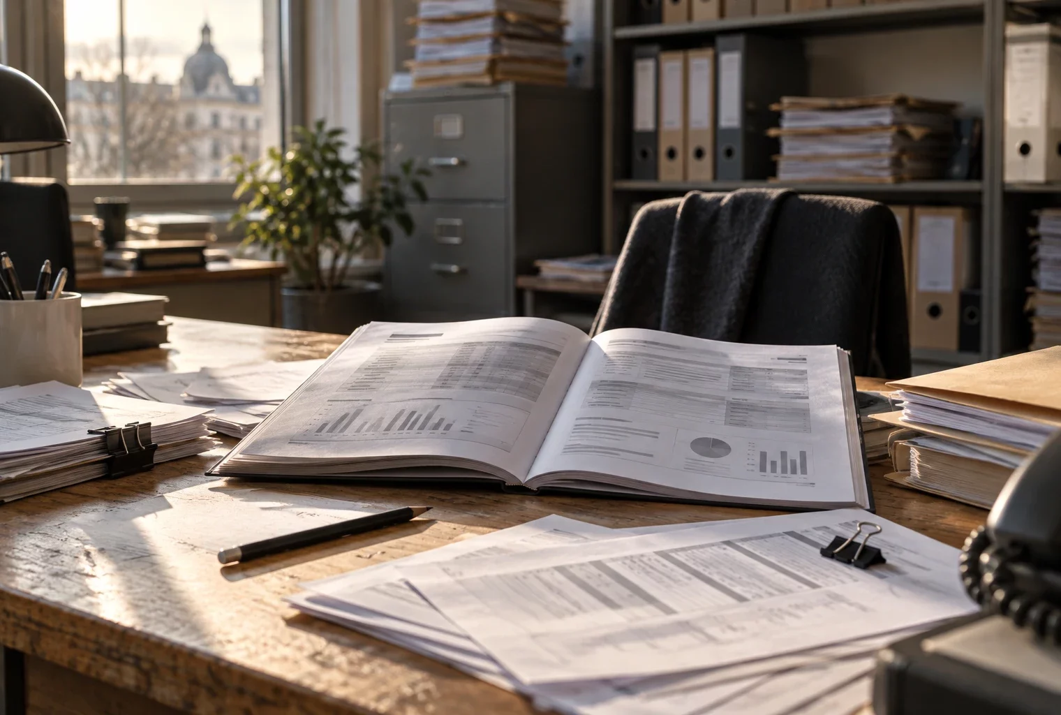 Sur un bureau en bois usé, un dossier budgétaire ouvert côtoie des feuilles de calcul et des classeurs administratifs.