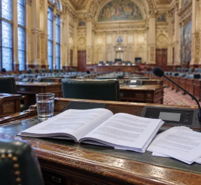 Dossier budgétaire ouvert et microphone sur un pupitre, dans une salle parlementaire ornée aux rangées de sièges en arrière-plan.