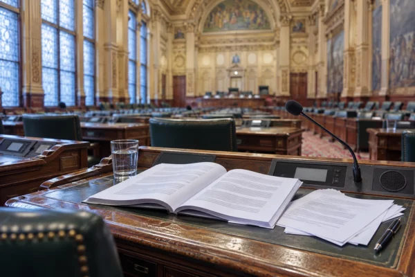 Dossier budgétaire ouvert et microphone sur un pupitre, dans une salle parlementaire ornée aux rangées de sièges en arrière-plan.