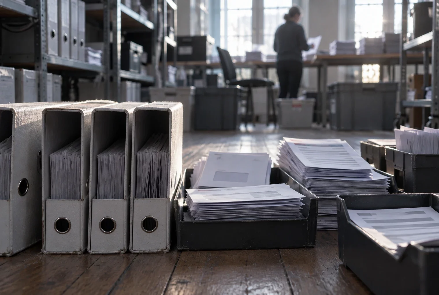 Des enveloppes et des liasses de documents électoraux vierges sont triées dans des bacs, devant des étagères de dossiers.