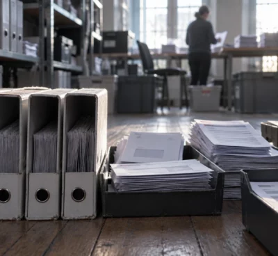 Des enveloppes et des liasses de documents électoraux vierges sont triées dans des bacs, devant des étagères de dossiers.