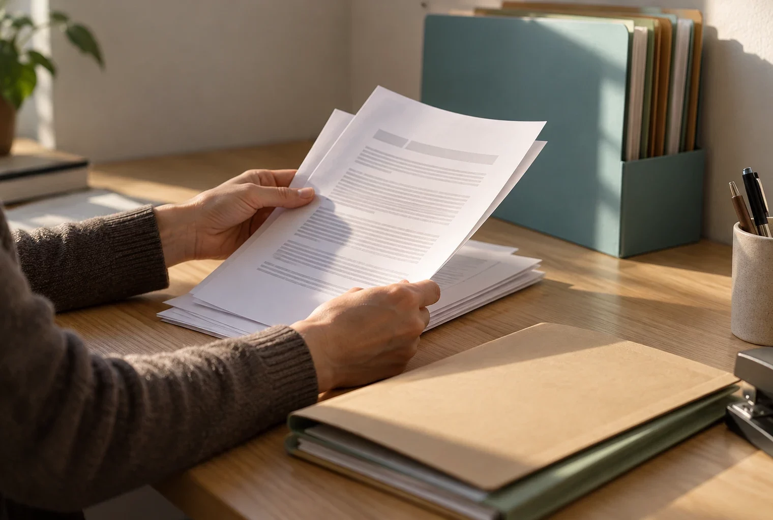 Une main trie des feuilles anonymisées parmi des dossiers fermés sur un bureau administratif, avec des classeurs en arrière-plan.