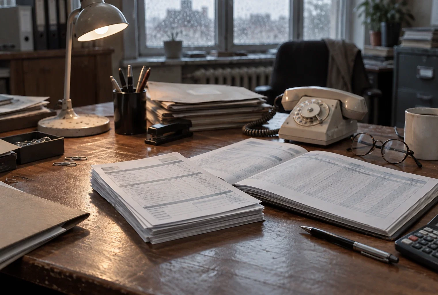 Bulletins de paie et registre ouverts sur un bureau administratif, avec des dossiers empilés et du matériel de bureau usagé.