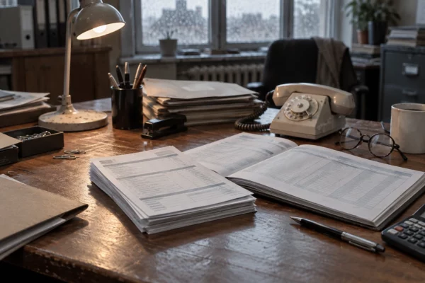 Bulletins de paie et registre ouverts sur un bureau administratif, avec des dossiers empilés et du matériel de bureau usagé.