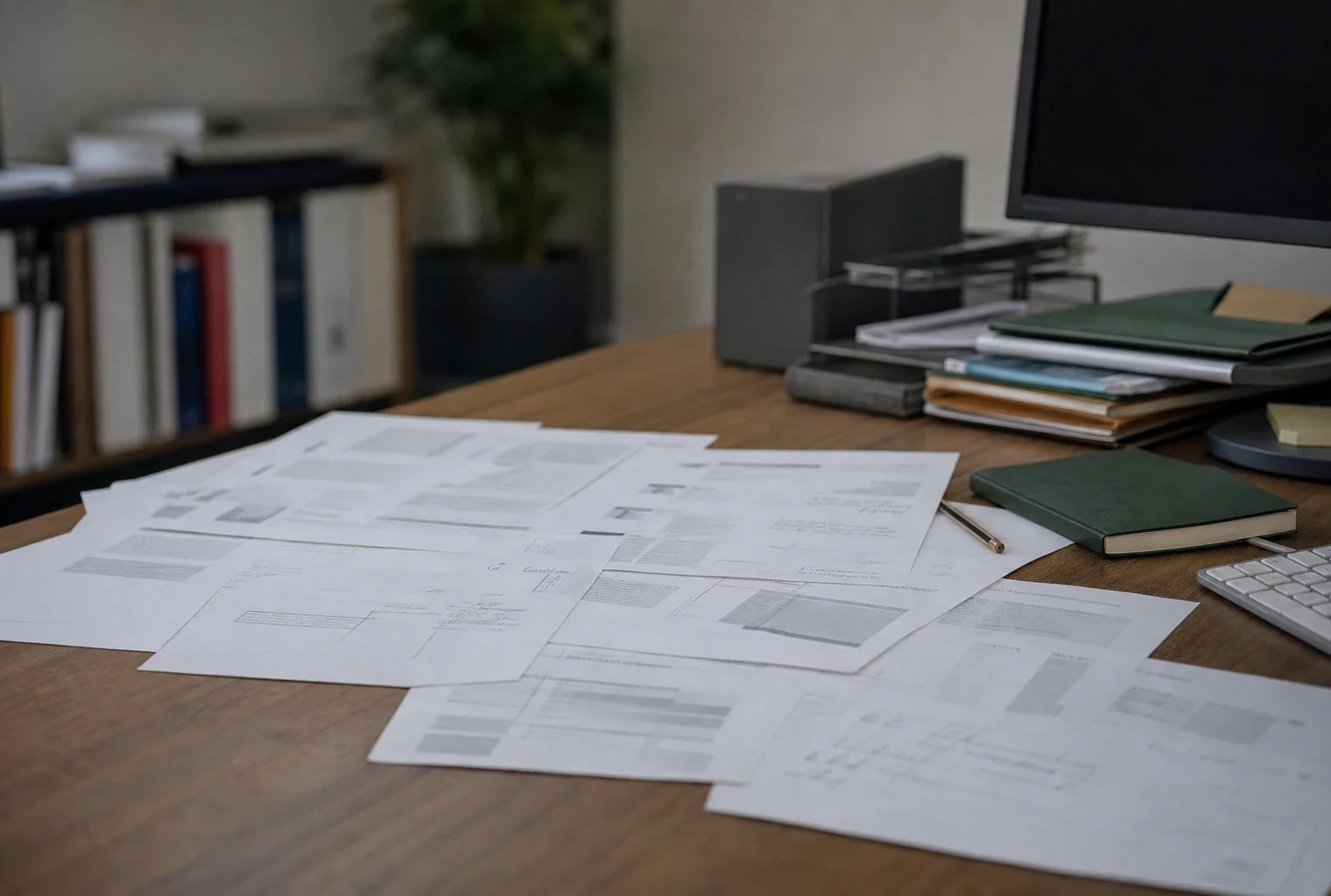Sur une table de bureau, des feuilles imprimées et un clavier voisinent avec des dossiers empilés et un ordinateur éteint.